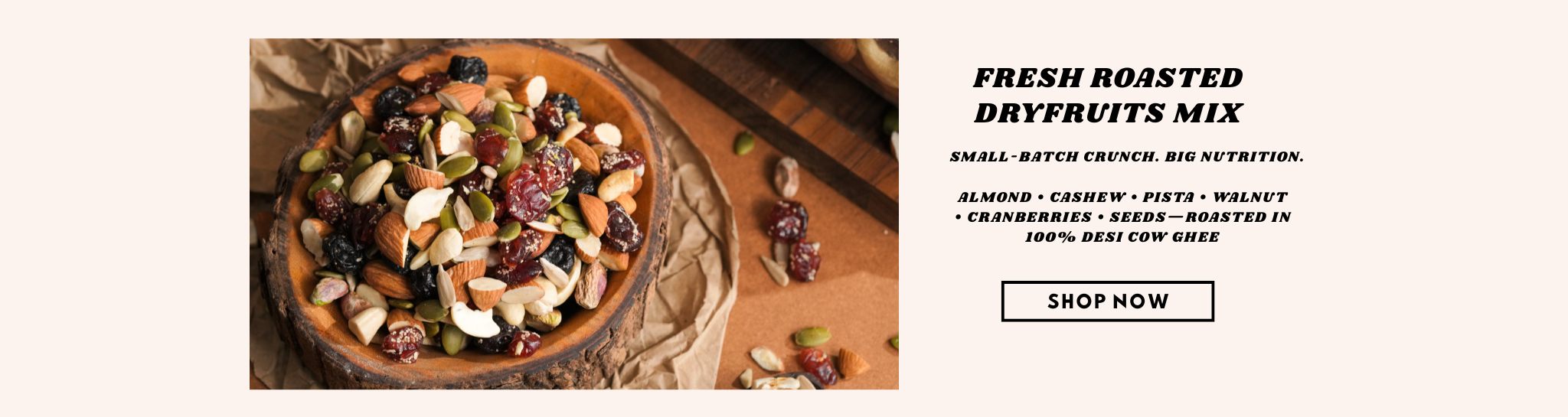 Wooden bowl of dry fruits mix with promotional text on a white background